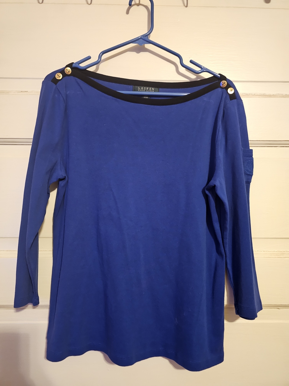 Lauren Ralph Lauren Royal Blue Boatneck Top Gold Button 3/4 Sleeve Size XL